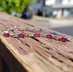 NEW STERLING SILVER + 14K GOLD PLATED Heated Ruby Tennis Bracelet 7.5"